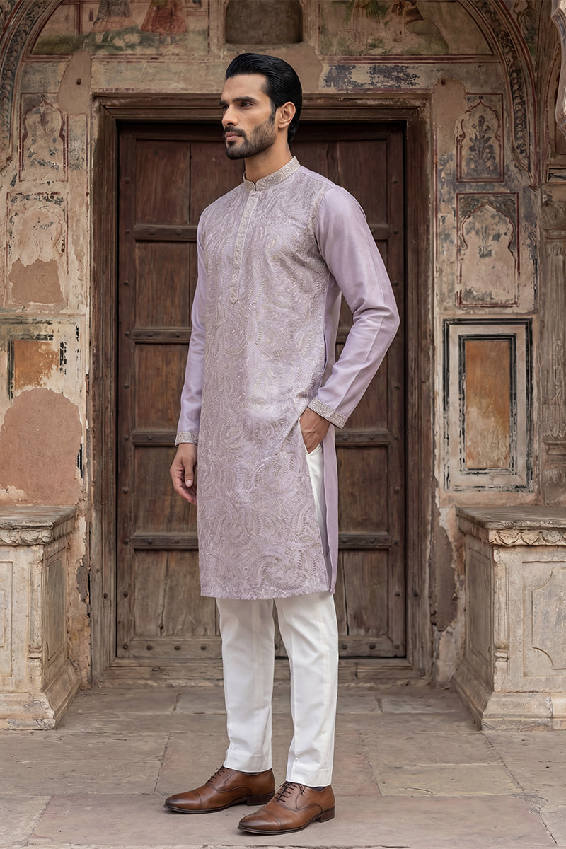 Lavender Silk Blend Embroidered Straight Kurta Sets MKSET2103