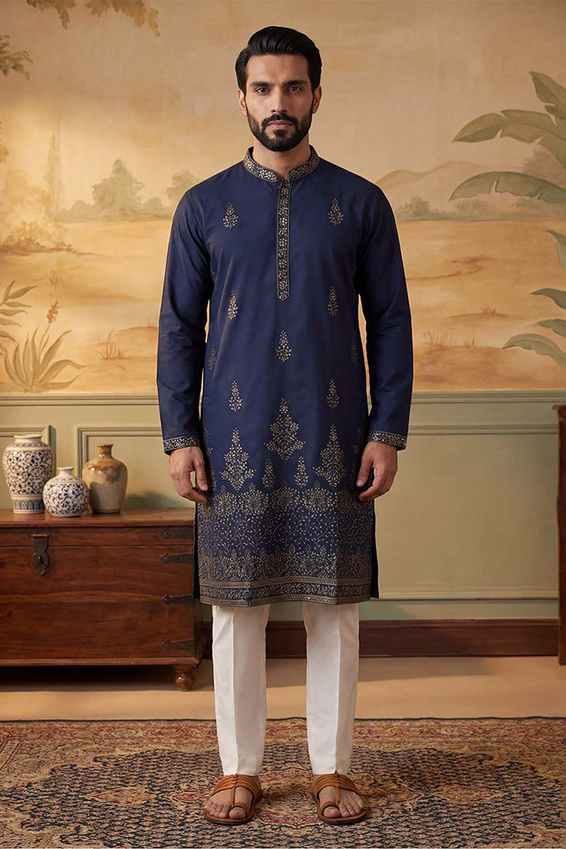 Blue Silk Blend Embroidered Straight Kurta MKU2122