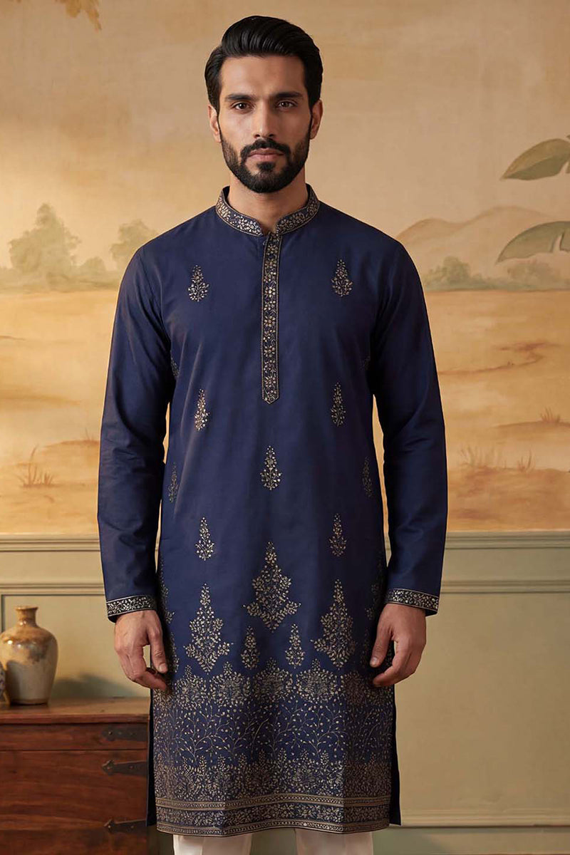 Blue Silk Blend Embroidered Straight Kurta Sets MKSET2122