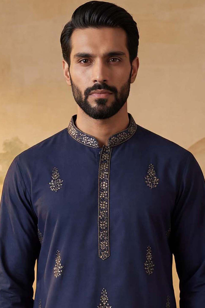 Blue Silk Blend Embroidered Straight Kurta MKU2122