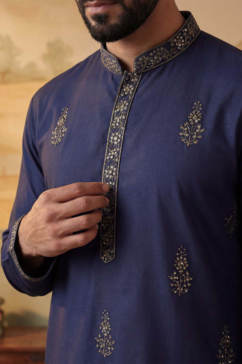 Blue Silk Blend Embroidered Straight Kurta Sets MKSET2122
