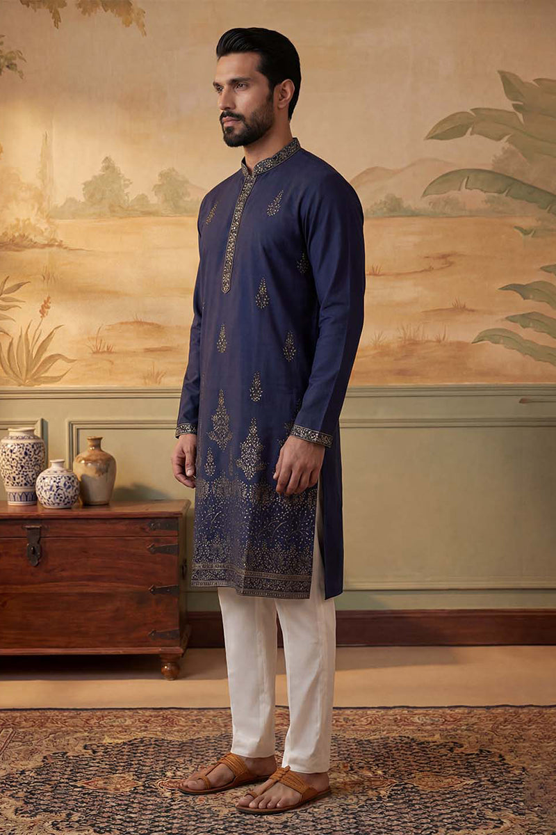 Blue Silk Blend Embroidered Straight Kurta Sets MKSET2122