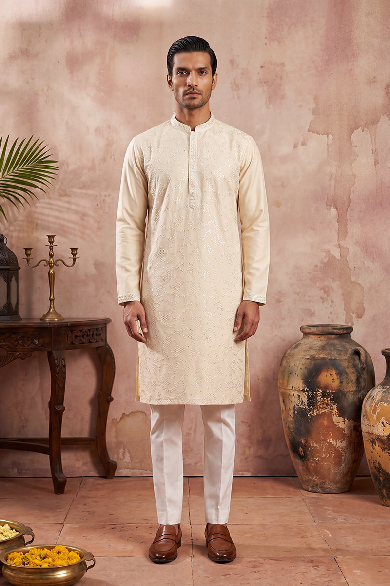 Off White Silk Blend Embroidered Straight Kurta Sets MKSET2129