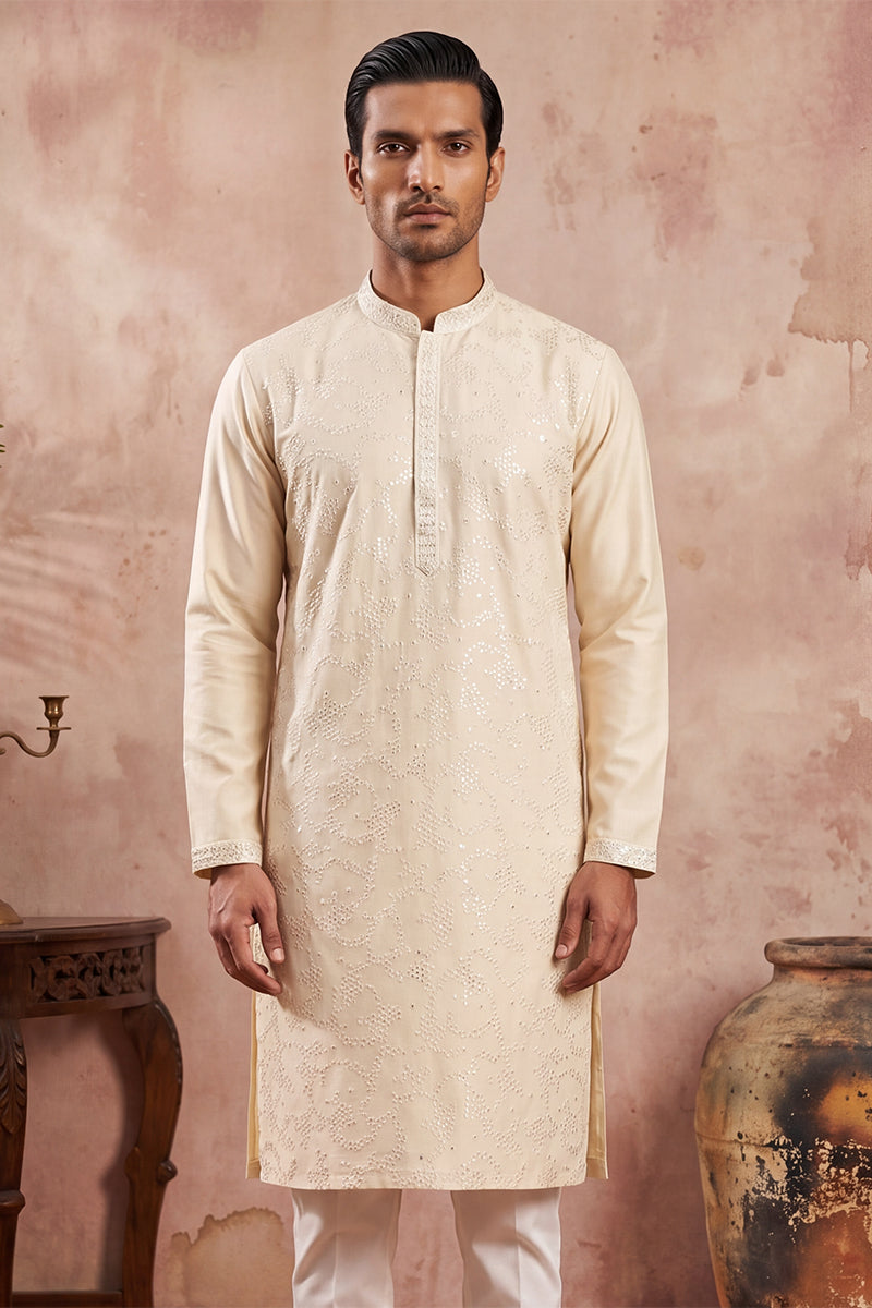 Off White Silk Blend Embroidered Straight Kurta Sets MKSET2129