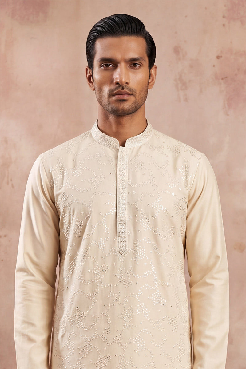Off White Silk Blend Embroidered Straight Kurta MKU2129