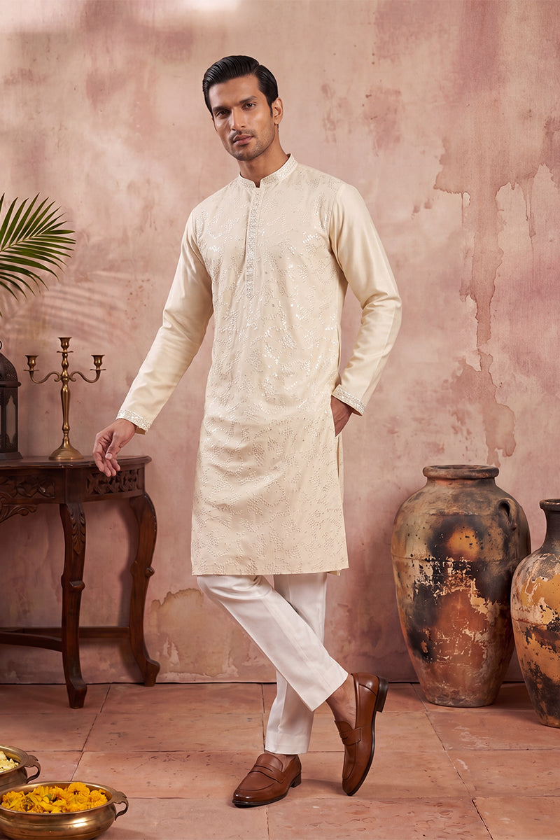 Off White Silk Blend Embroidered Straight Kurta Sets MKSET2129