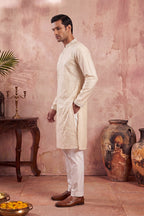 Off White Silk Blend Embroidered Straight Kurta MKU2129