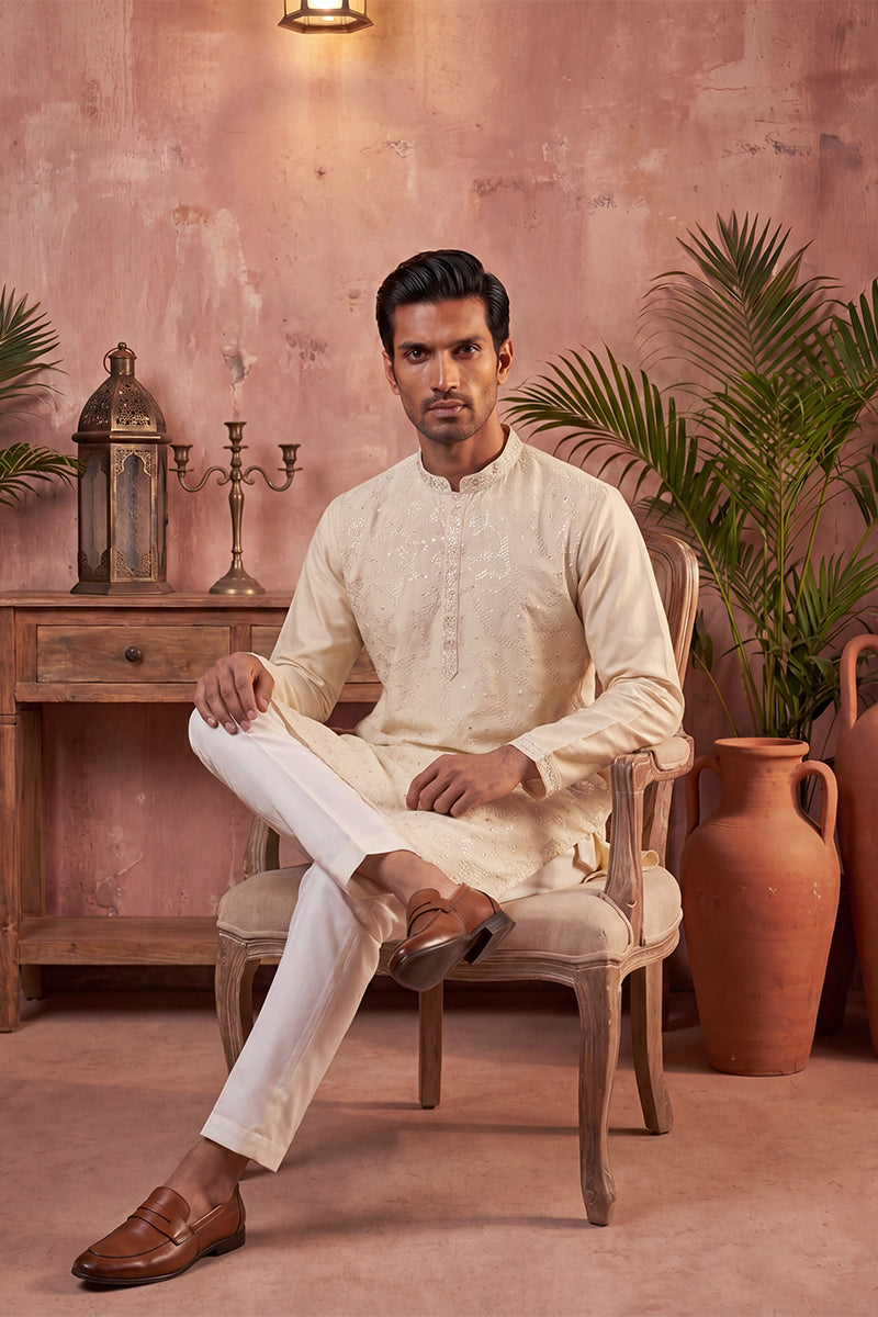 Off White Silk Blend Embroidered Straight Kurta MKU2129
