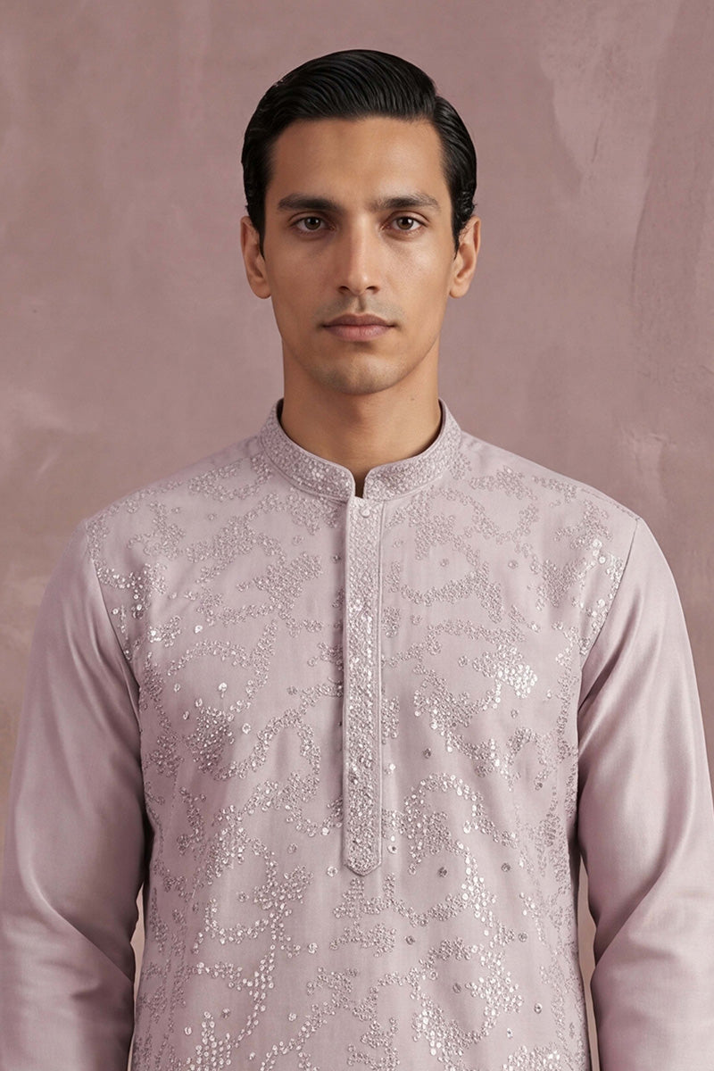 Lavender Silk Blend Embroidered Straight Kurta Sets MKSET2135
