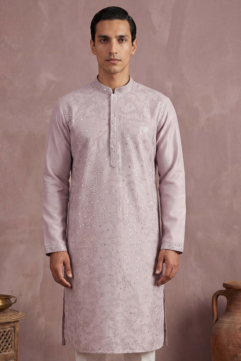 Lavender Silk Blend Embroidered Straight Kurta Sets MKSET2135