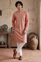 Peach Modal Embroidered Calf Length Straight Regular Kurta With Trouser MKSET2166