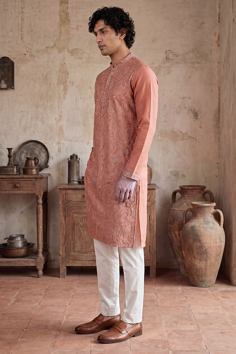 Peach Modal Embroidered Calf Length Straight Regular Kurta With Trouser MKSET2166