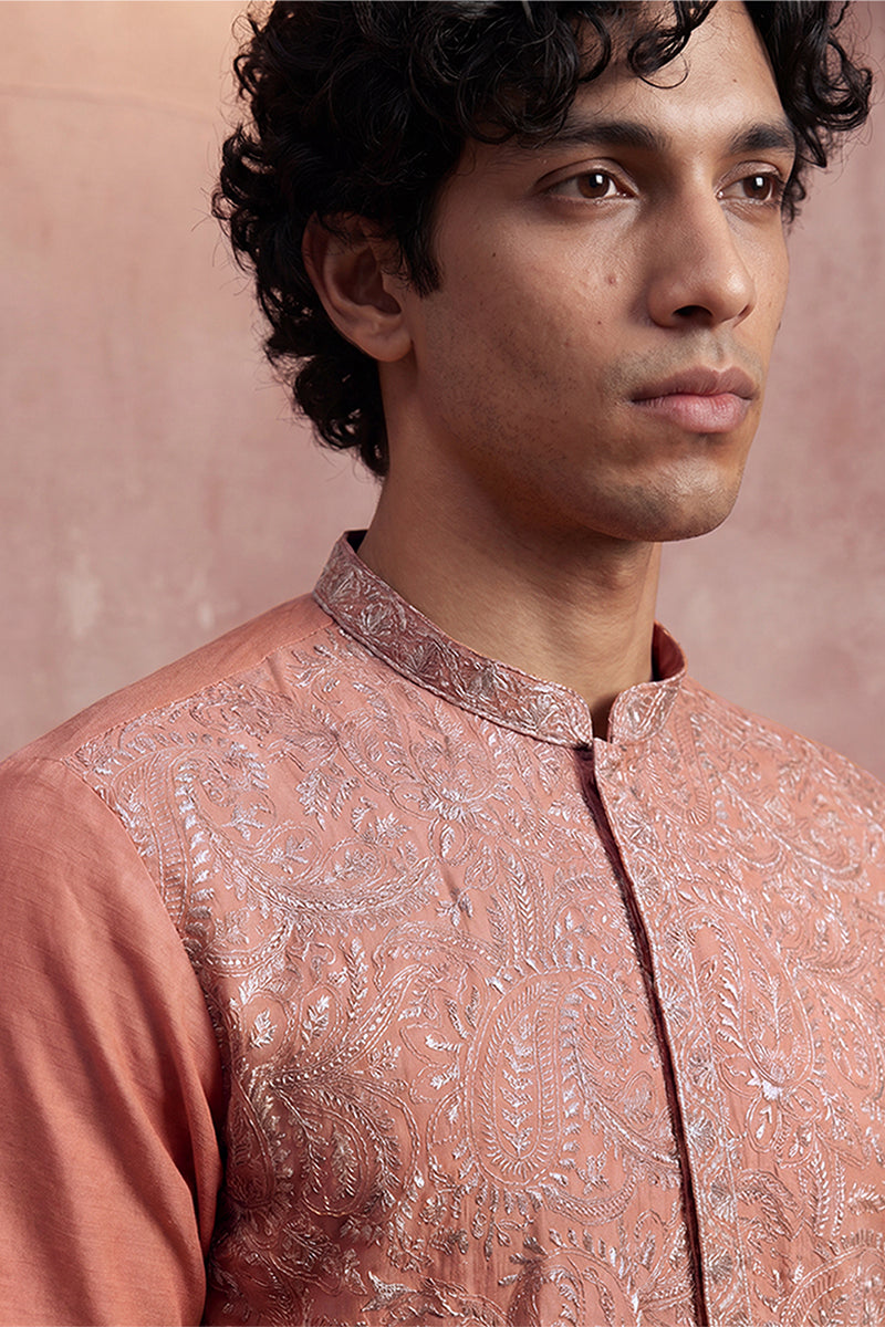 Peach Modal Embroidered Calf Length Straight Regular Kurta With Trouser MKSET2166
