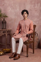 Peach Modal Embroidered Calf Length Straight Regular Kurta With Trouser MKSET2166