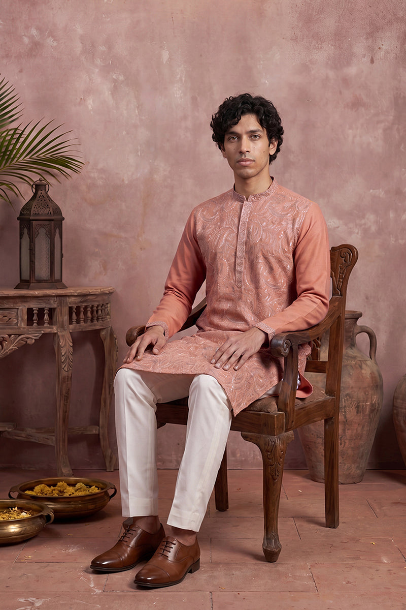 Peach Modal Embroidered Calf Length Straight Regular Kurta MKU2166