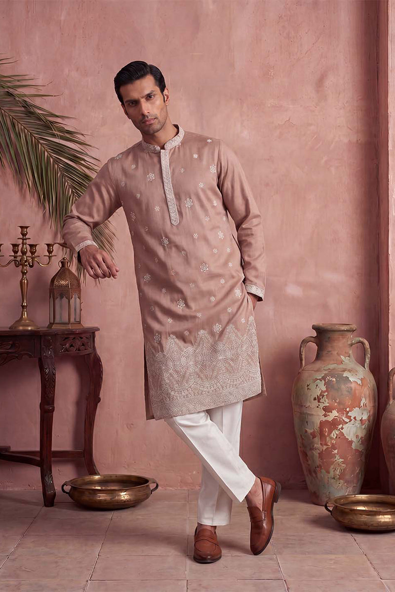 Pink Silk Blend Solid Embroidered Kurta MKU2173