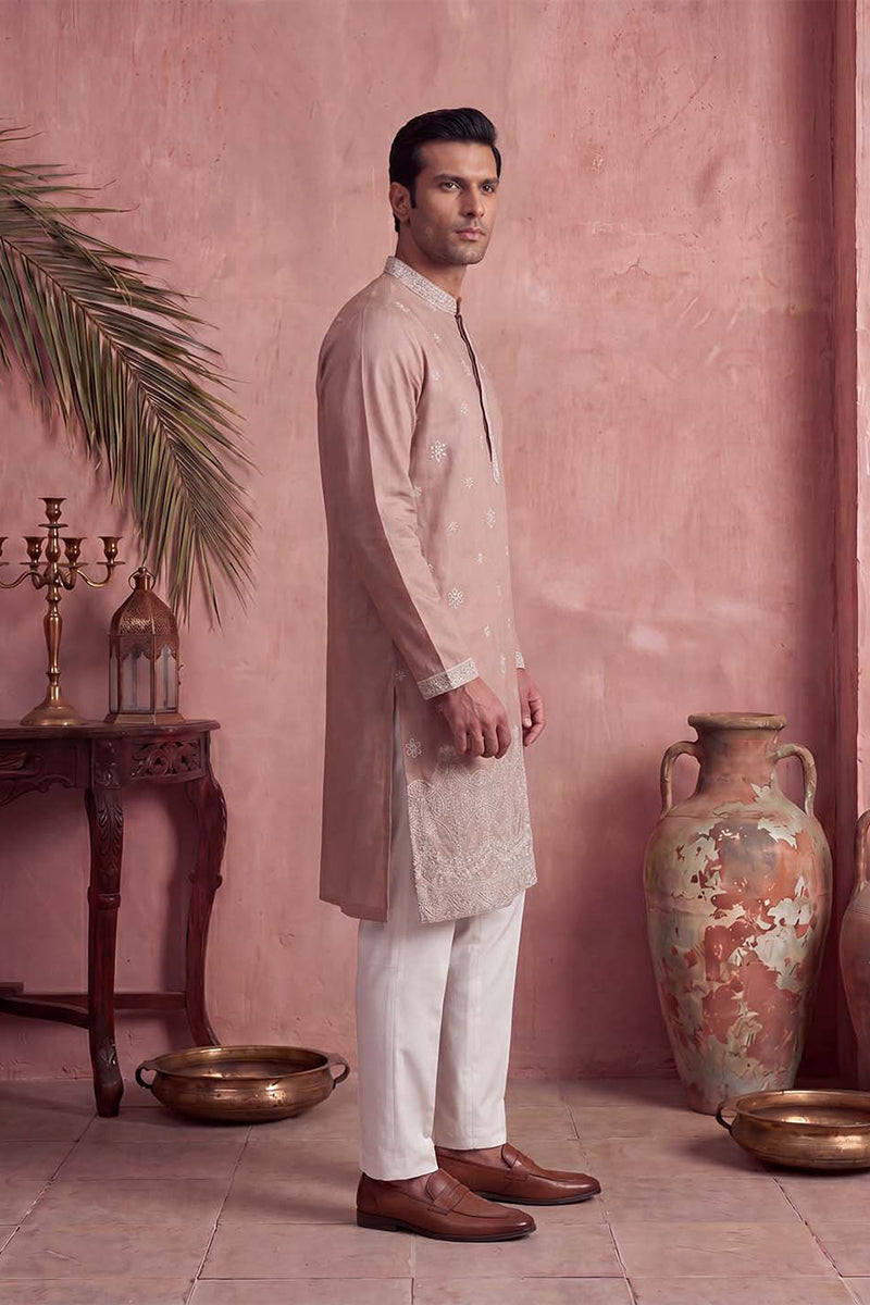 Pink Silk Blend Solid Embroidered Kurta MKU2173