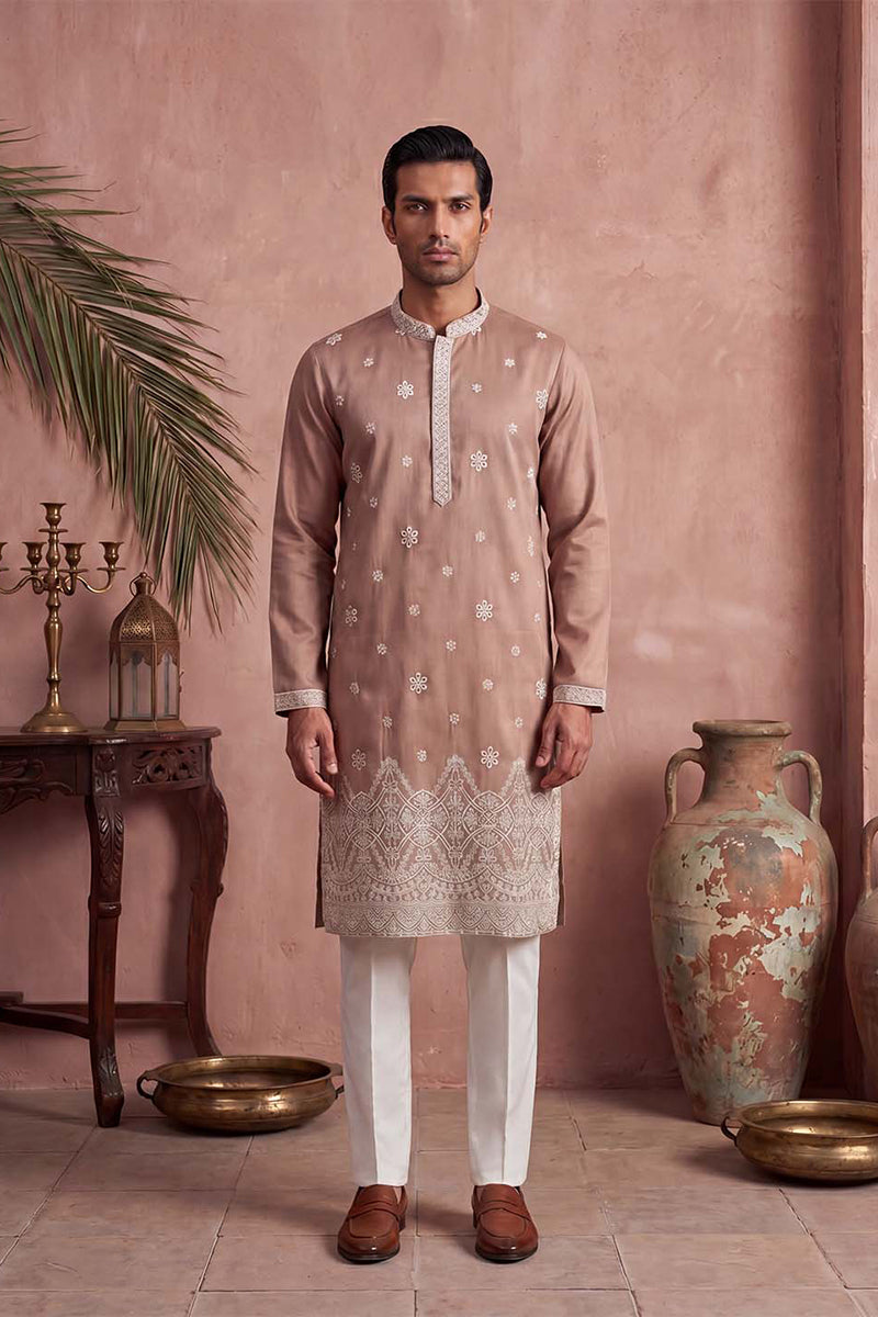 Pink Silk Blend Solid Embroidered Kurta MKU2173