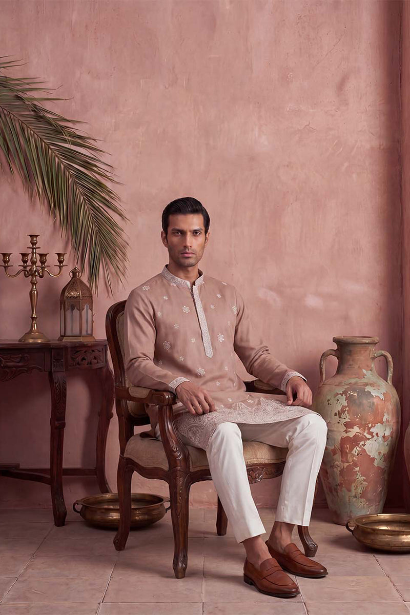 Pink Silk Blend Solid Embroidered Kurta MKU2173