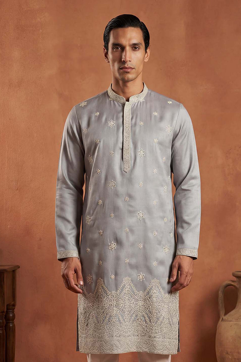 Blue Silk Blend Solid Embroidered Kurta MKU2175