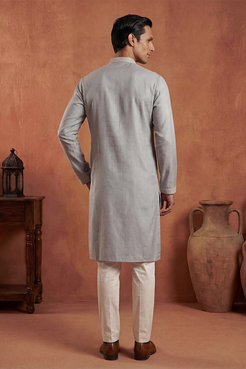 Blue Silk Blend Solid Embroidered Kurta MKU2175
