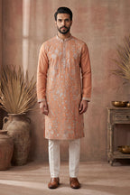 Orange Modal Embroidered Calf Length Straight Regular Kurta With Trouser MKSET2176