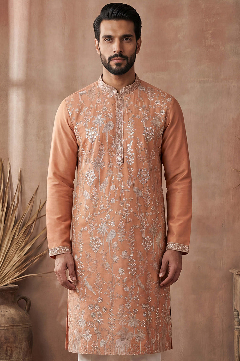Orange Modal Embroidered Calf Length Straight Regular Kurta With Trouser MKSET2176