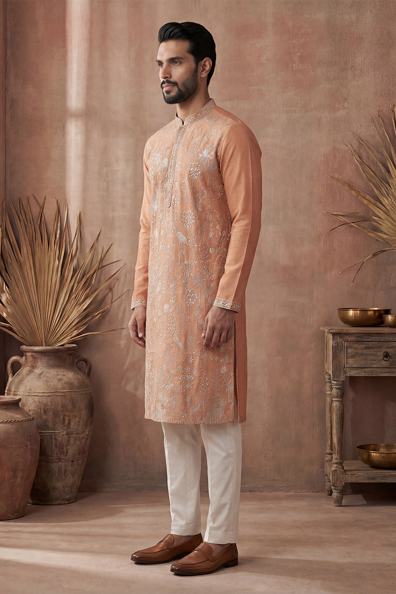 Orange Modal Embroidered Calf Length Straight Regular Kurta With Trouser MKSET2176