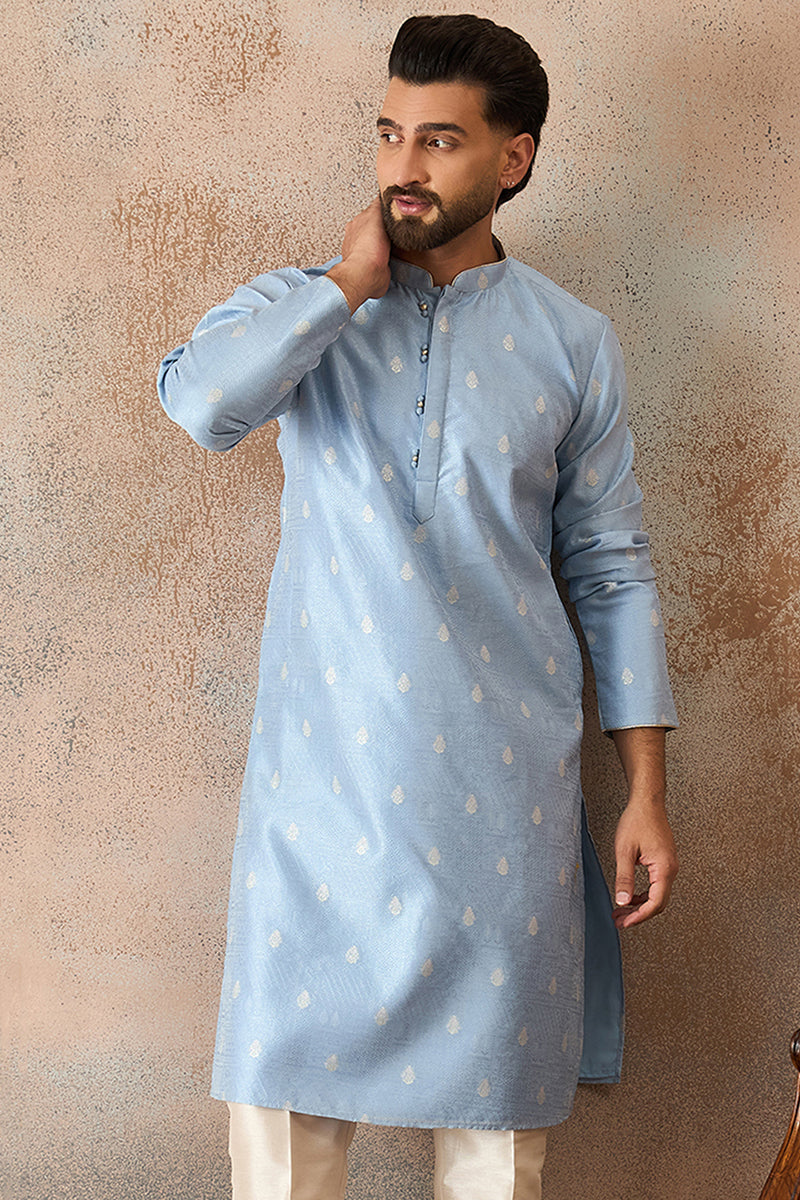 Blue Silk Blend Floral Straight Kurta MKU2217