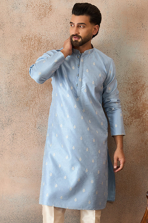 Blue Silk Blend Floral Straight Kurta MKU2217