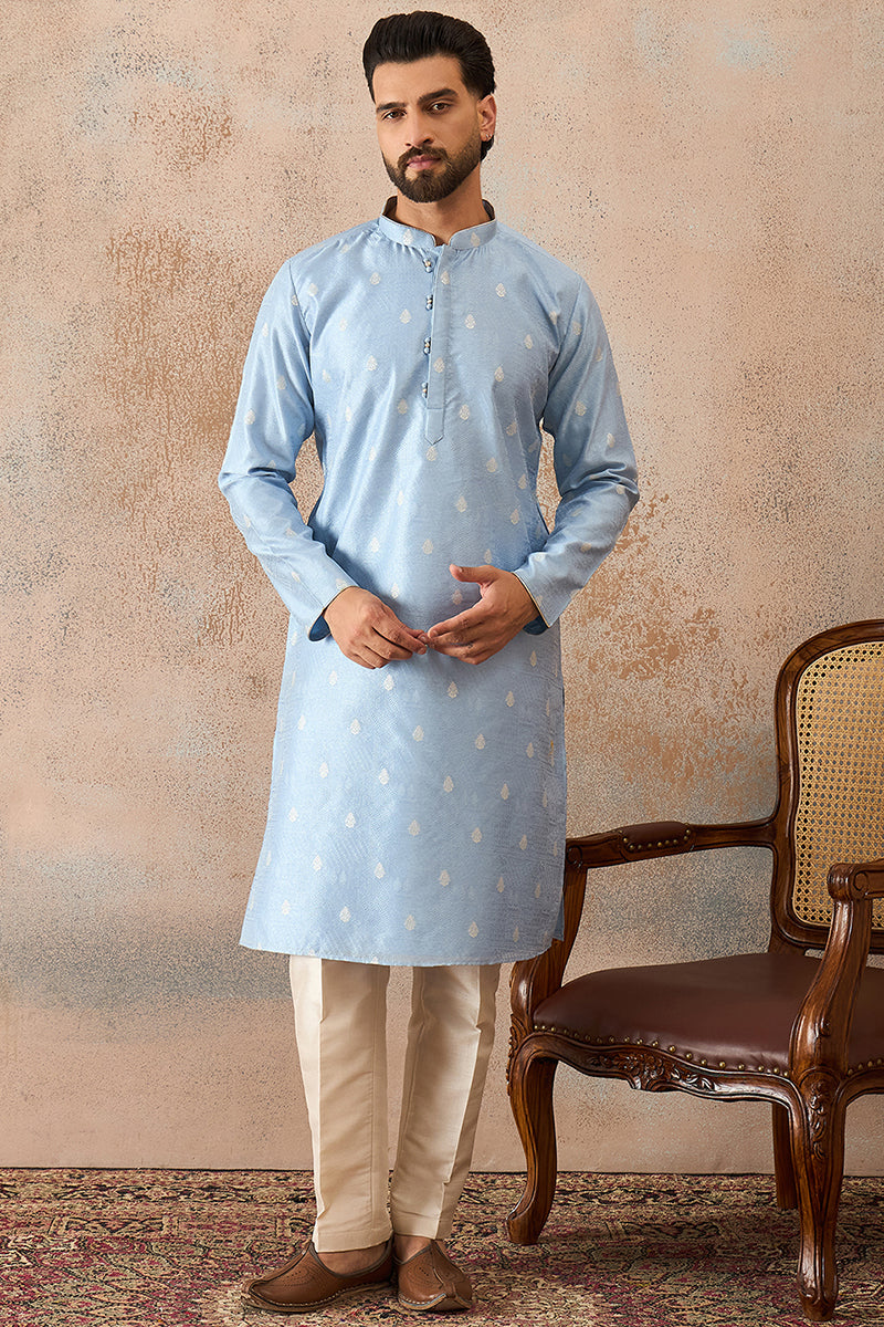 Blue Silk Blend Floral Straight Kurta MKU2217