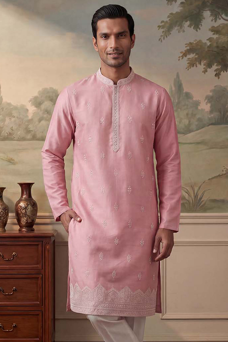 Silk Blend Pink Solid Embroidered Calf Length Straight Kurta MKU2271