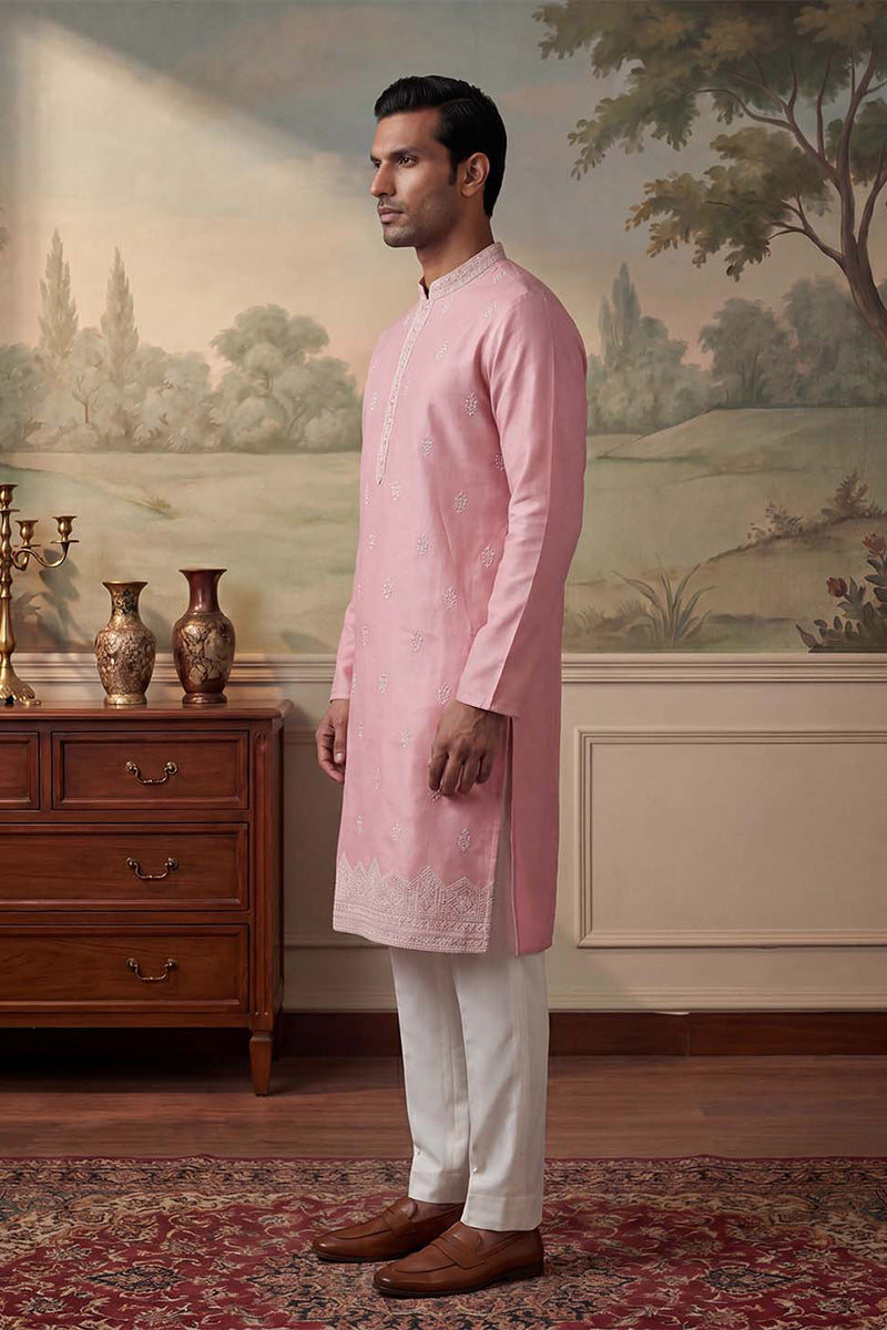 Silk Blend Pink Solid Embroidered Calf Length Straight Kurta MKU2271