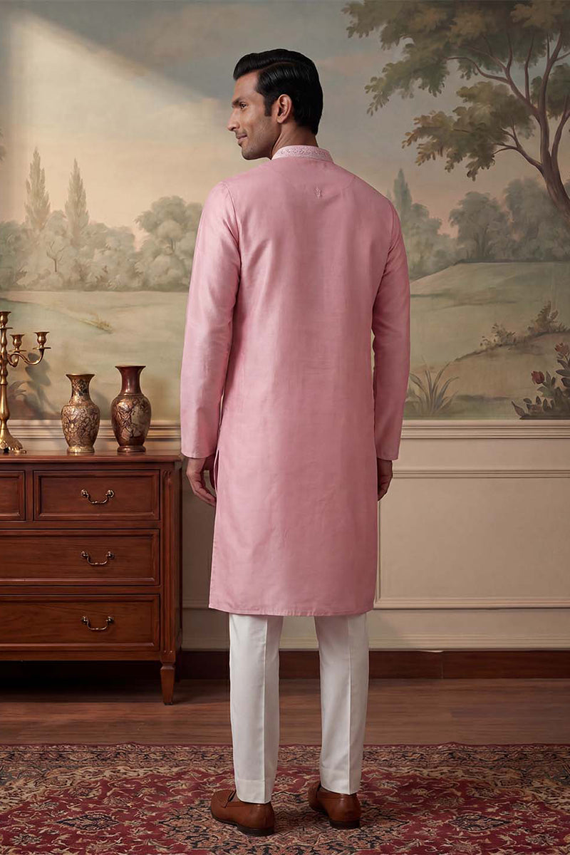Silk Blend Pink Solid Embroidered Calf Length Straight Kurta MKU2271