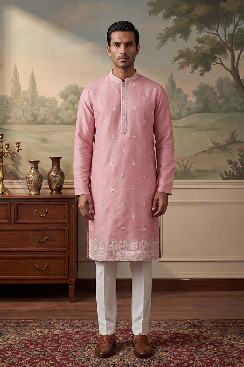 Silk Blend Pink Solid Embroidered Calf Length Straight Kurta MKU2271