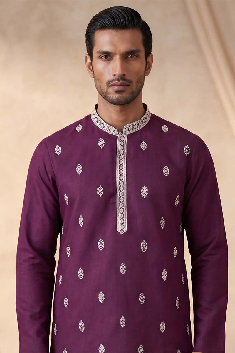 Silk Blend Purple Solid Embroidered Calf Length Straight Kurta MKU2272