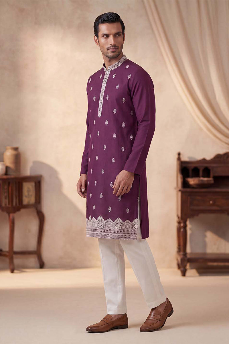 Silk Blend Purple Solid Embroidered Calf Length Straight Kurta MKU2272