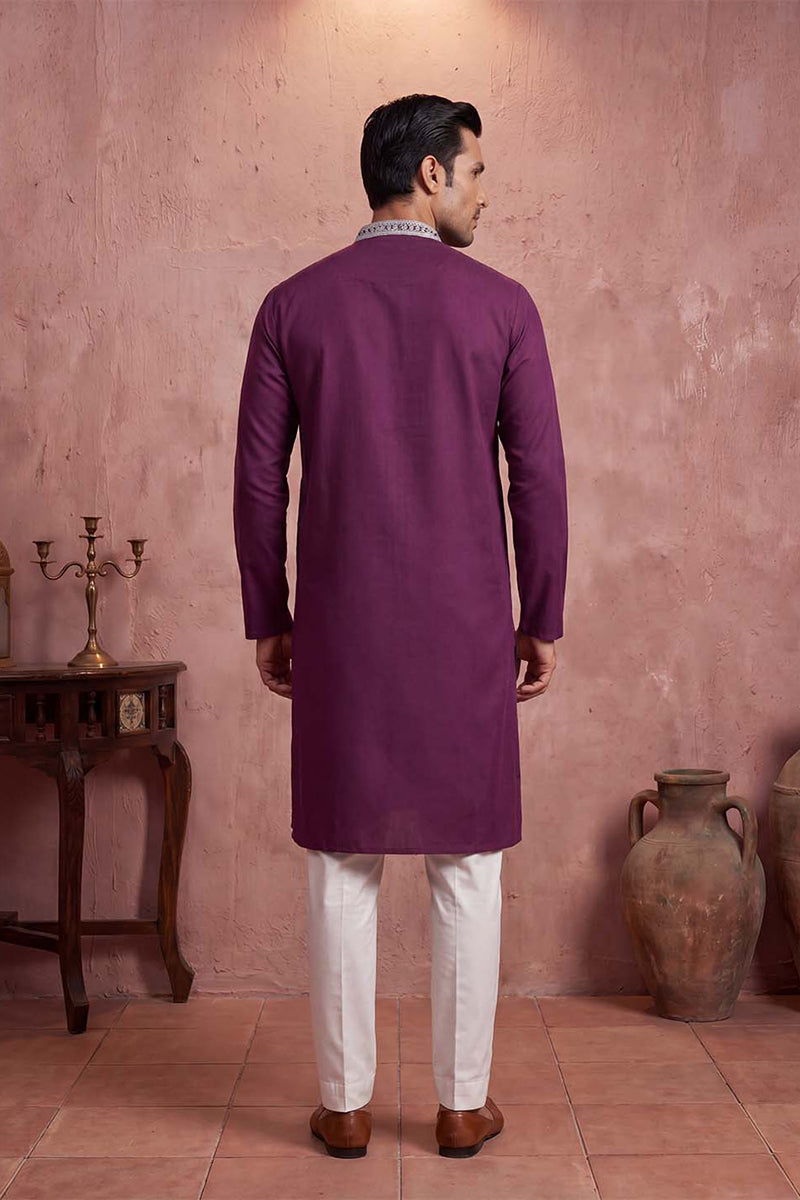 Silk Blend Purple Solid Embroidered Calf Length Straight Kurta MKU2272