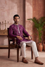 Silk Blend Purple Solid Embroidered Calf Length Straight Kurta MKU2272