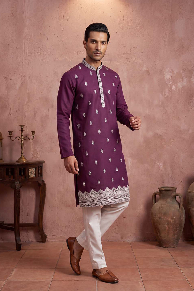 Silk Blend Purple Solid Embroidered Calf Length Straight Kurta MKU2272