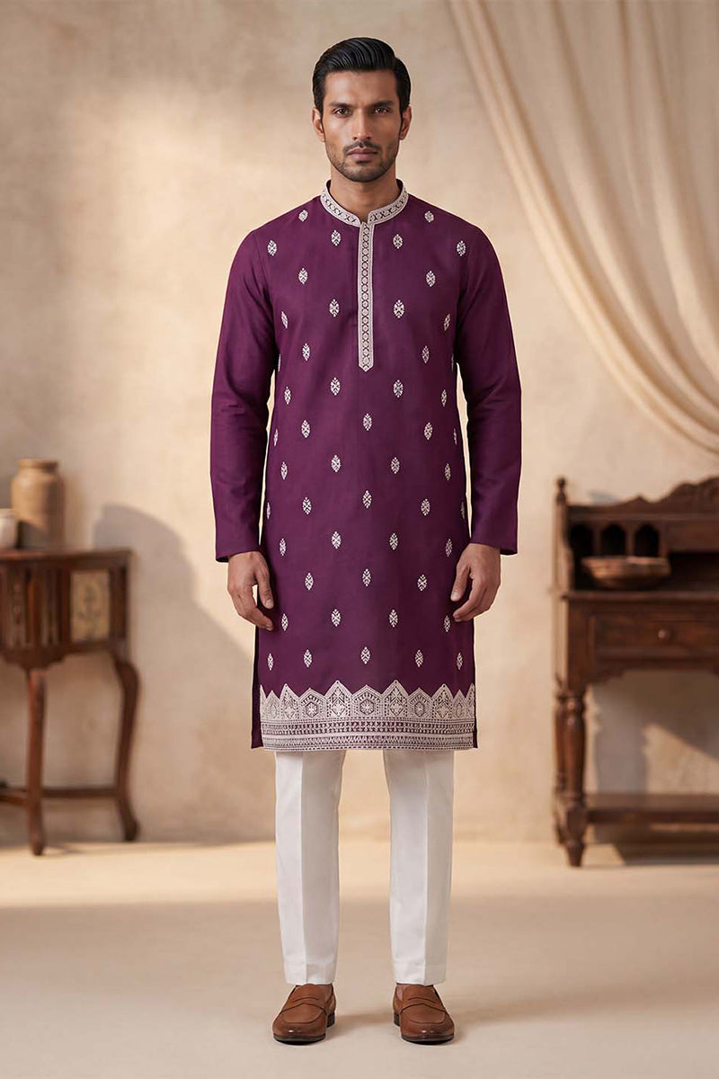 Silk Blend Purple Solid Embroidered Calf Length Straight Kurta MKU2272
