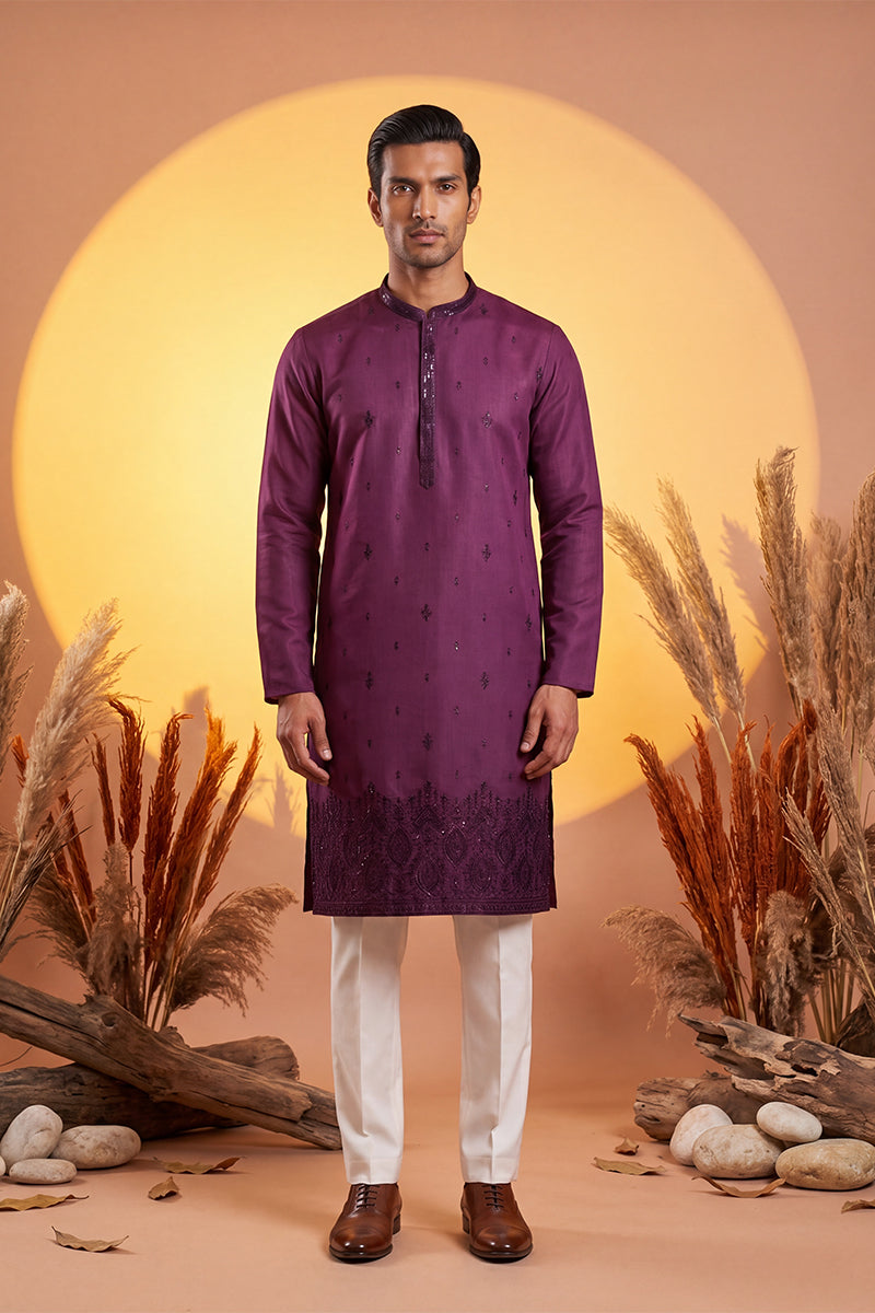 Purple Silk Blend Embroidered Straight Kurta MKU2288