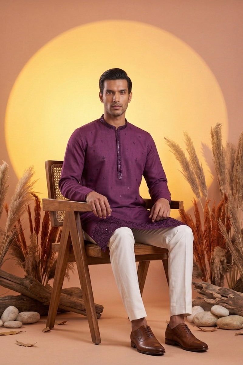 Purple Silk Blend Embroidered Straight Kurta Sets MKSET2288