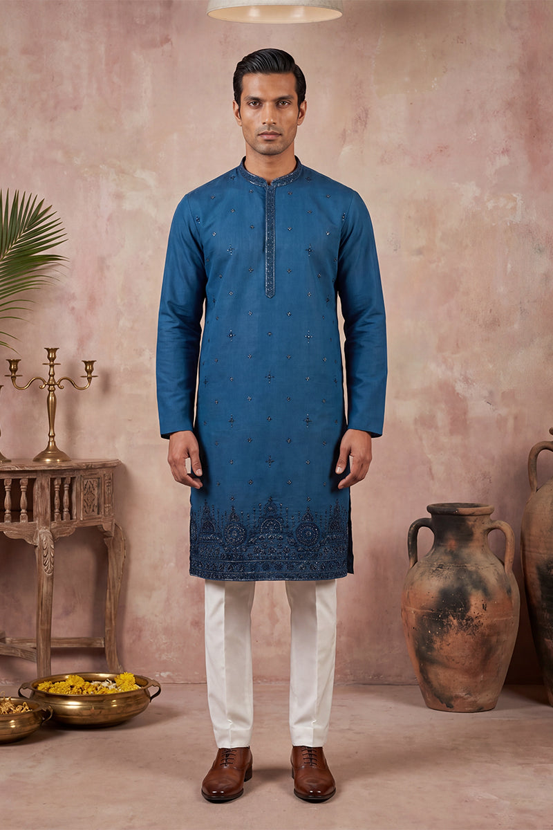 Blue Silk Blend Embroidered Straight Kurta Sets MKSET2290