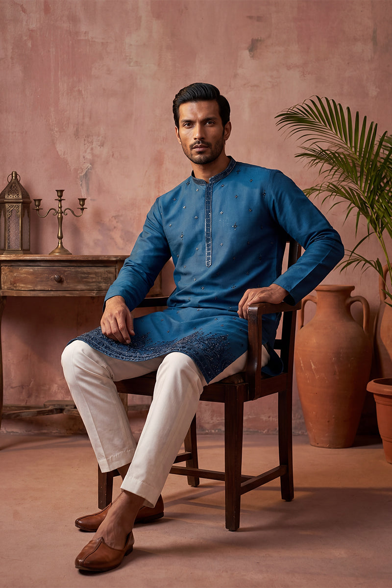 Blue Silk Blend Embroidered Straight Kurta MKU2290