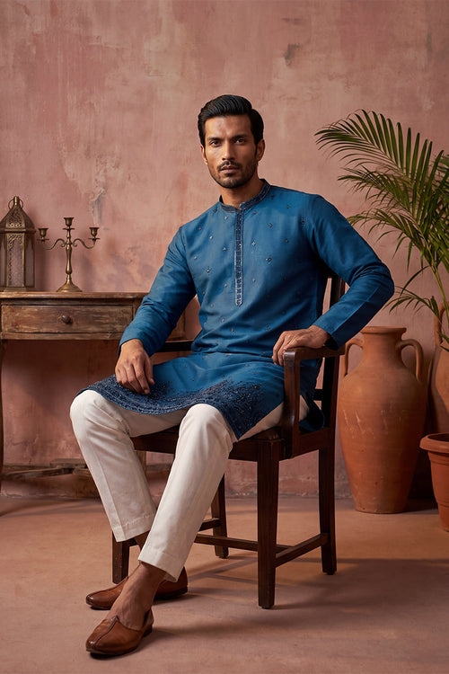 Blue Silk Blend Embroidered Straight Kurta MKU2290