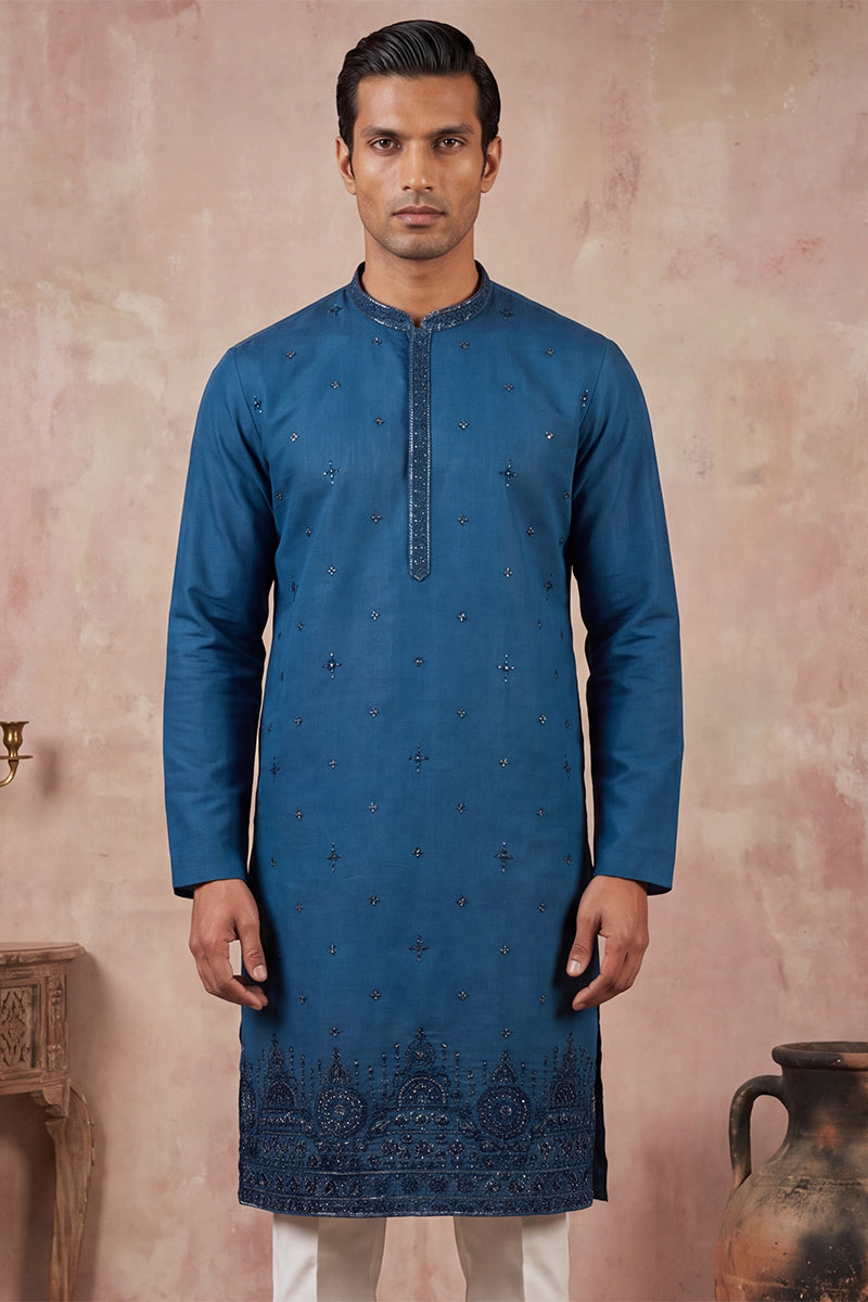 Blue Silk Blend Embroidered Straight Kurta MKU2290