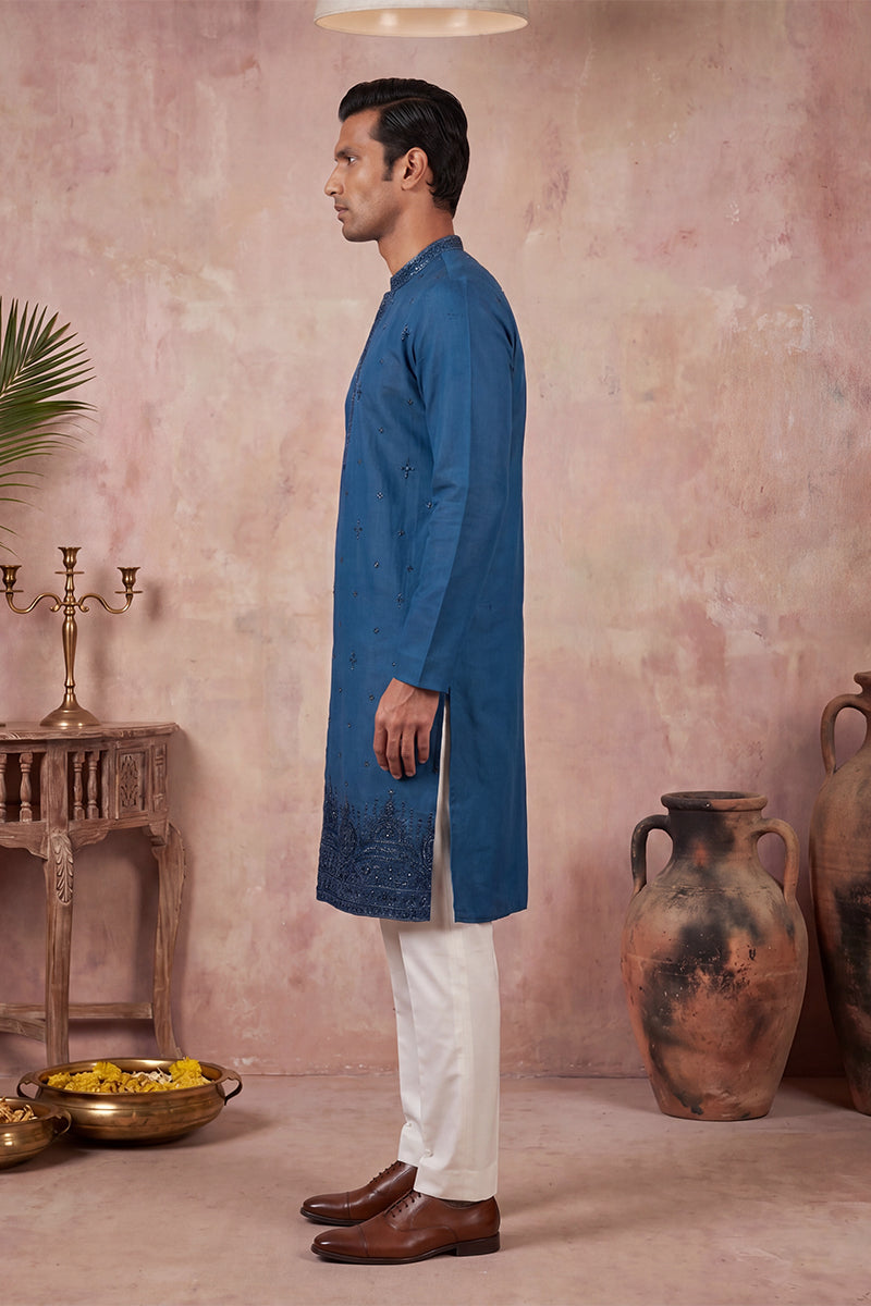 Blue Silk Blend Embroidered Straight Kurta Sets MKSET2290