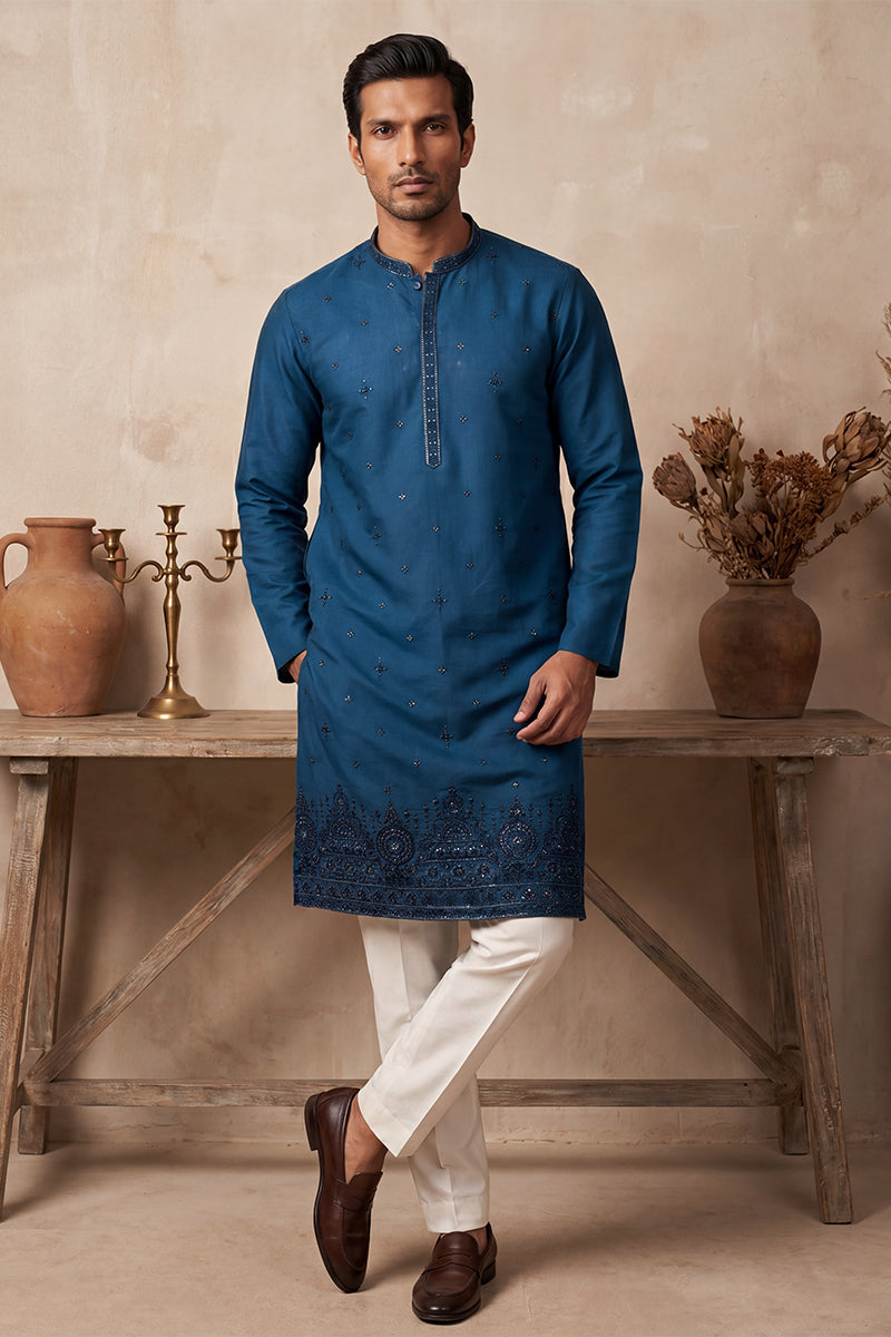Blue Silk Blend Embroidered Straight Kurta MKU2290