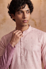 Pink Silk Blend Woven Design Calf Length Straight Regular Kurta With Trouser MKSET2347